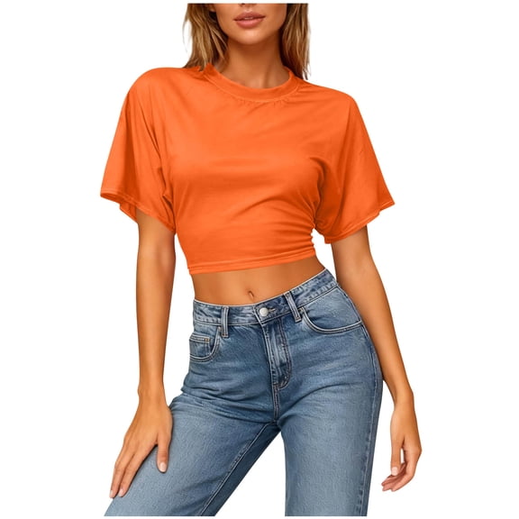 Hurxie Womens Crop Tops Short Sleeve T-Shirts Casual Round Neck Basic Tees Baggy Summer Shirts Orange XL