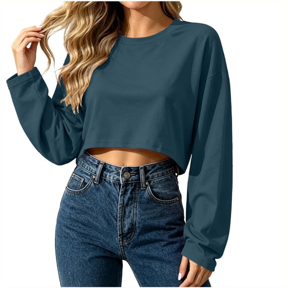 Hurxie Womens Cropped Sweatshirt Oversized Crewneck Boxy Crop Pullover Casual Athleisure Top Navy,L