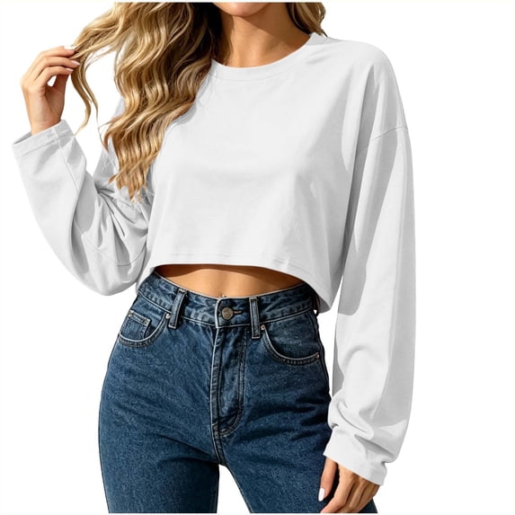 Hurxie Womens Cropped Sweatshirt Oversized Crewneck Boxy Crop Pullover Casual Athleisure Top White,L