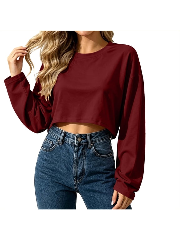 Womens Cropped Sweatshirt Oversized Crewneck Boxy Crop Pullover Casual Athleisure Top Wine,S
