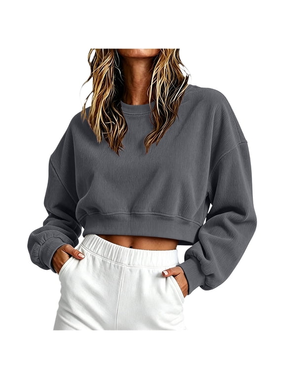 Womens Cropped Sweatshirt Oversized Crewneck Cotton Long Sleeve Boxy Crop Pullover Casual Lightweight Athleisure Top Gray,L