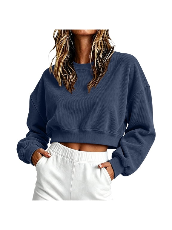 Womens Cropped Sweatshirt Oversized Crewneck Cotton Long Sleeve Boxy Crop Pullover Casual Lightweight Athleisure Top Navy,S