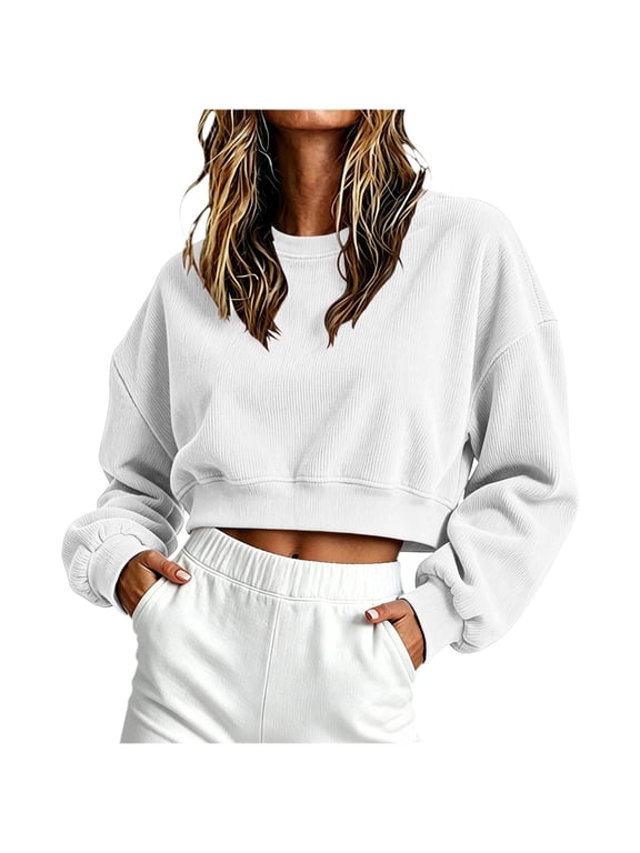Womens Cropped Sweatshirt Oversized Crewneck Cotton Long Sleeve Boxy Crop Pullover Casual Lightweight Athleisure Top White,XL