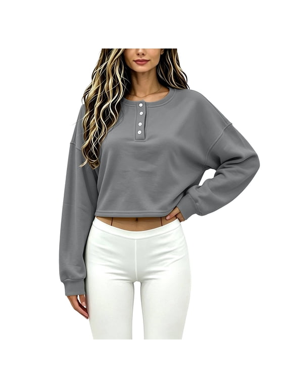 Womens Cropped Sweatshirts Casual Henley Neck Snap Button Long Sleeve Ribbed Loose Fit Fall Crop Tops