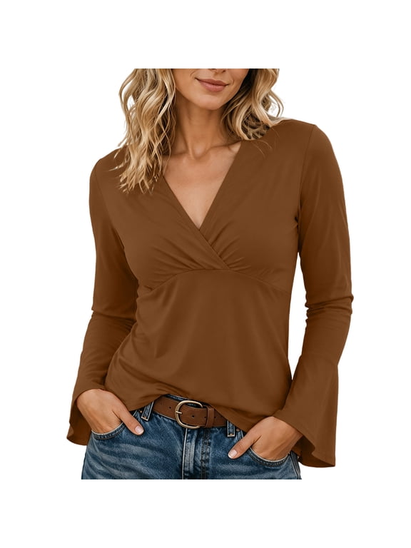 Womens Deep V Neck Long Sleeve Shirts Ruched Fitted Going Out Tops Slim Fit, Fall Trendy, Basic Tees, Cinched Waist Tops
