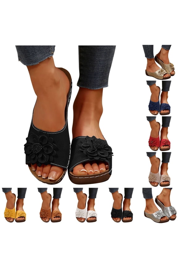 Womens Dressy Flower Wedge Sandals Casual Comfort Open Toe Sandals,with Arch Support Summer Boho Beach Slides Yellow 36