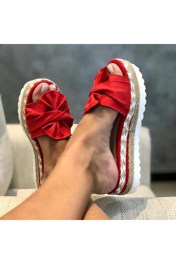 Womens Espadrilles Wedge Sandals Slides Platform Slip on Bow Knot Open Toe Summer Mules Shoes Red 38