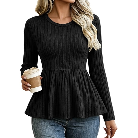 Hurxie Womens Fall Sweaters Knit Babydoll Peplum Sweater Tops Long Sleeve,Crew Neck,Casual,Pullover,Winter,Crop,Ladies,Soft,Trendy,Ribbed,Ruffle,Work,Going Out