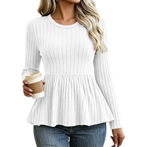 Hurxie Womens Fall Sweaters Knit Babydoll Peplum Sweater Tops Long Sleeve,Crew Neck,Casual,Pullover,Winter,Crop,Ladies,Soft,Trendy,Ribbed,Ruffle,Work,Going Out