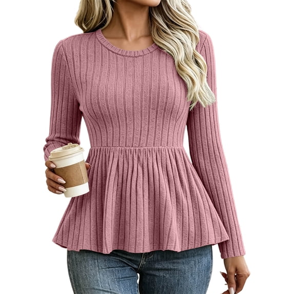 Hurxie Womens Fall Sweaters Knit Babydoll Peplum Sweater Tops Long Sleeve,Crew Neck,Casual,Pullover,Winter,Crop,Ladies,Soft,Trendy,Ribbed,Ruffle,Work,Going Out