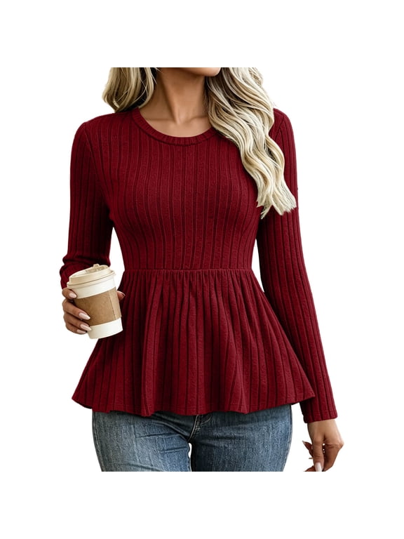 Womens Fall Sweaters Knit Babydoll Peplum Sweater Tops Long Sleeve,Crew Neck,Casual,Pullover,Winter,Crop,Ladies,Soft,Trendy,Ribbed,Ruffle,Work,Going Out