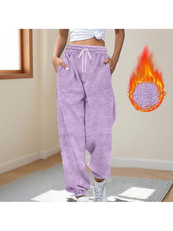 Womens Fleece Pajama Pants, Winter Warm Fuzzy Lounge Bottoms Long Soft Plush Fluffy Pj Pants with Pockets Purple,L