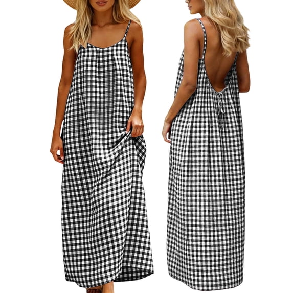 Hurxie Womens Flowy Maxi Dress Sleeveless Summer Sundresses Adjustable Straps Long Beach Sun Dresses with Pockets Black,S