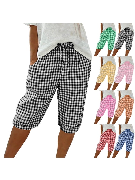Womens Full Elastic Waist Athletic Bermuda Shorts - Ladies Linen Pull-On Golf Shorts with Pockets Pink,L