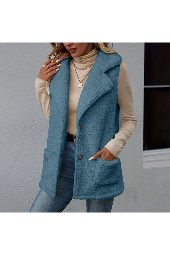 Womens Fuzzy Fleece Vest Casual Oversized Warm Button Down Sherpa Vest Jacket with Pockets Blue S