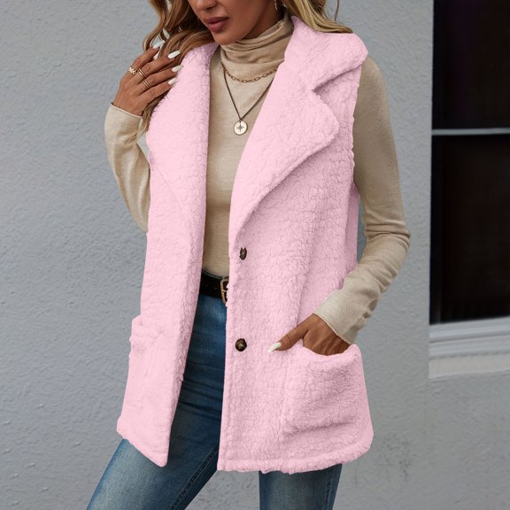 Hurxie Womens Fuzzy Fleece Vest Casual Oversized Warm Button Down Sherpa Vest Jacket with Pockets Pink 2XL
