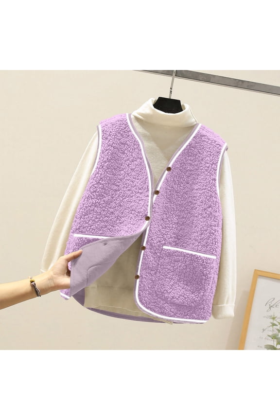 Womens Fuzzy Fleece Vest, Casual Warm Sleeveless Zip Up Sherpa Vest Jacket with Pockets for Fall/Winter Purple S