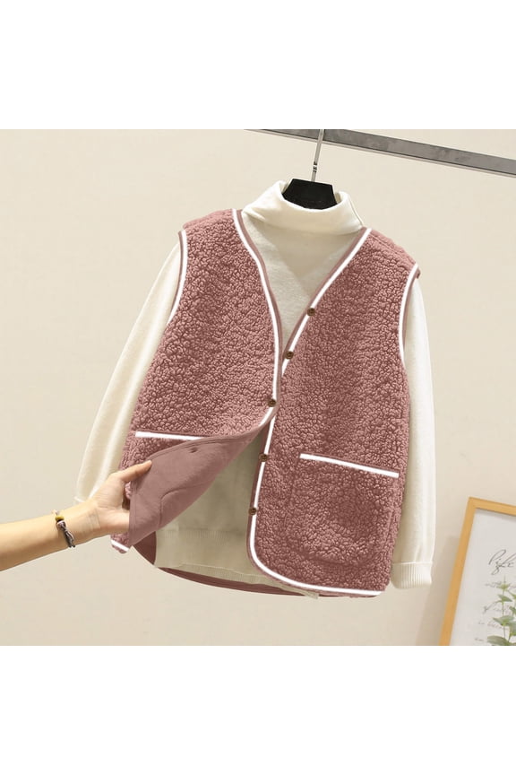 Womens Fuzzy Fleece Vest, Casual Warm Sleeveless Zip Up Sherpa Vest Jacket with Pockets for Fall/Winter Red L
