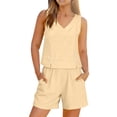 thumbnail image 1 of Hurxie Womens Henley 2 Piece Short Sets Summer Lounge Spring Beach Airport Travel Vacation Outfits Matching Sweatsuit Beige,L, 1 of 7