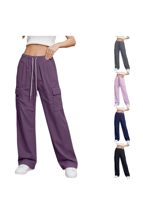 Womens High Waist Cargo Pants Y2K Wide Leg Cotton Baggy Hiking Pants Lightweight Elastic Waist Trousers with Pockets Gray,L