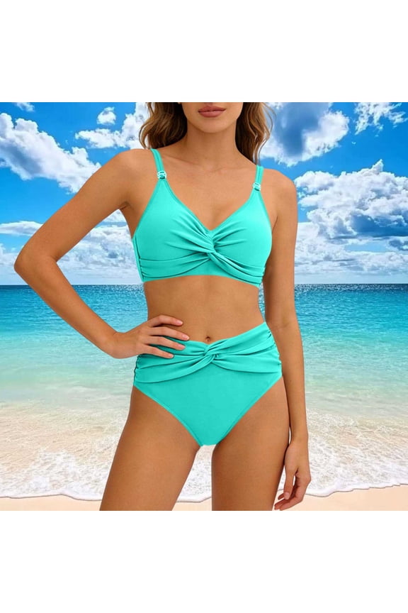 Womens High Waisted Bikini Set Halter Two Piece Swimsuit Ribbed Ruched Tummy Control Bathing Suit with Built-in Bra Mint Green ,S