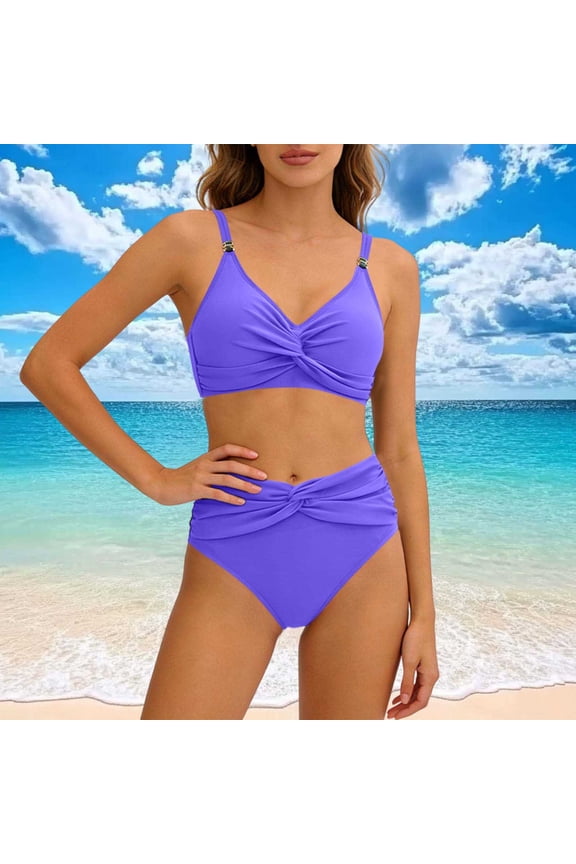 Womens High Waisted Bikini Set Halter Two Piece Swimsuit Ribbed Ruched Tummy Control Bathing Suit with Built-in Bra Purple ,S