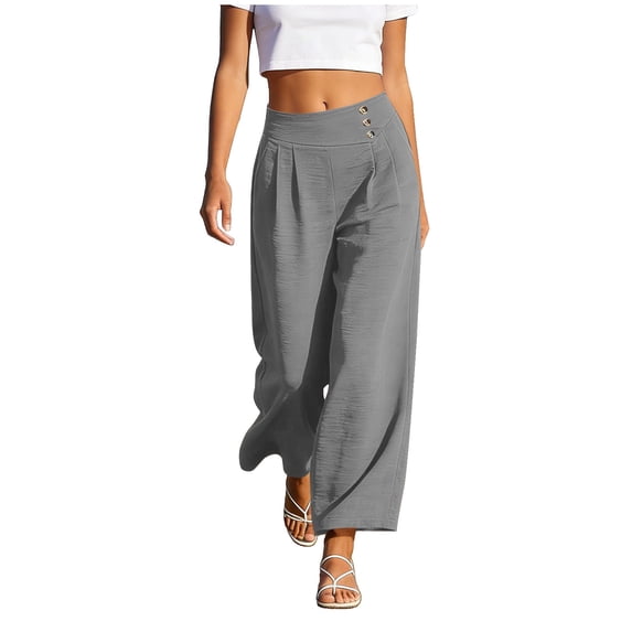 Hurxie Womens High Waisted Button Pleated Wide Leg Pants Beach Vacation Trouses Gray,XL