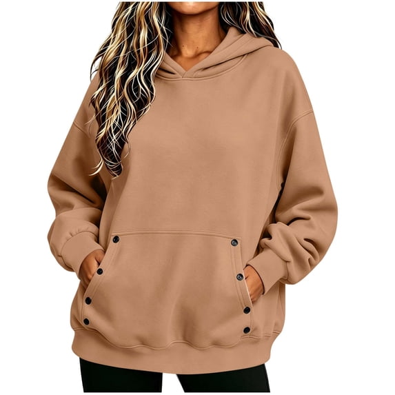 Hurxie Womens Hoodies Fleece Sweatshirts Long Sleeve Sweaters Pullover Fall Clothes with Pocket Khaki,2XL