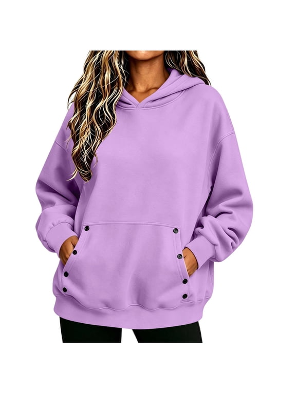 Womens Hoodies Fleece Sweatshirts Long Sleeve Sweaters Pullover Fall Clothes with Pocket Purple,S
