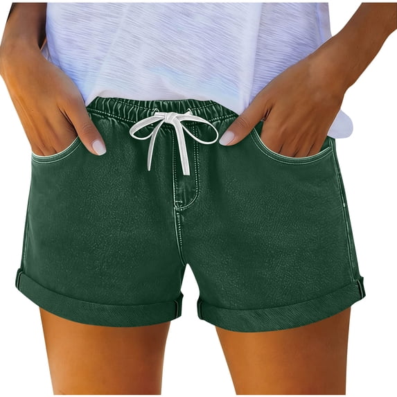 Hurxie Womens Jean Shorts Summer Casual Mid Rise Cuffed Elastic Waist Denim Shorts Army Green,XL