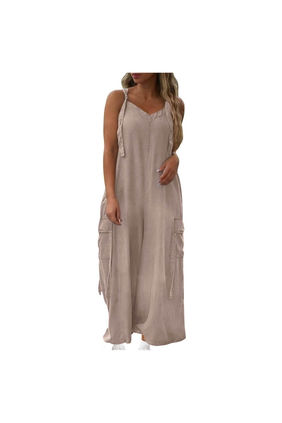 Womens Jumpsuit Plus Size Summer Casual Loose One Piece Overalls Smocked Sleeveless Wide Leg Rompers With Pockets Beige 2XL