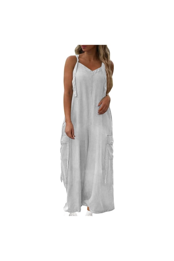 Womens Jumpsuit Plus Size Summer Casual Loose One Piece Overalls Smocked Sleeveless Wide Leg Rompers With Pockets White 2XL