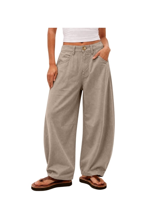 Womens Linen Barrel Pants Baggy Wide Leg Palazzo Pant Summer Cotton Lightweight Elastic Waist Trousers Pockets Khaki,L