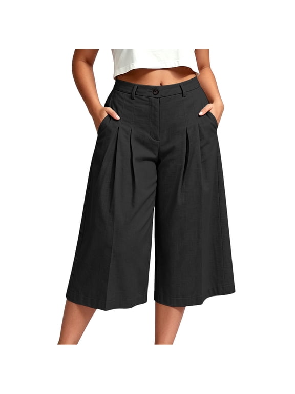 Womens Linen Capri Pants Summer Wide Leg Palazzo Pant Cotton Dressy Casual Cropped Gaucho Pant Culottes with Pockets Black,L