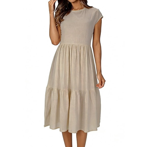 Hurxie Womens Linen Cotton Dresses Solid Short Sleeves Casual Dress with Pocket Khaki 2XL