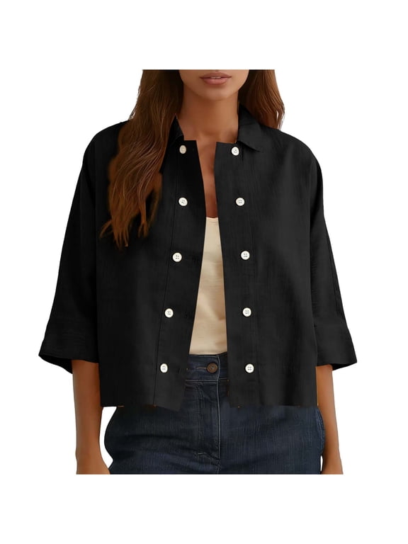 Womens Linen Shirt Long Sleeve Cropped Shacket Jacket Button Down Spring Blouses Tops Black S