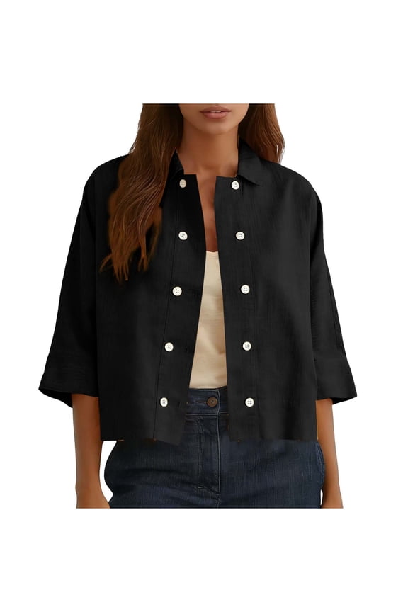 Womens Linen Shirt Long Sleeve Cropped Shacket Jacket Button Down Spring Blouses Tops Black S