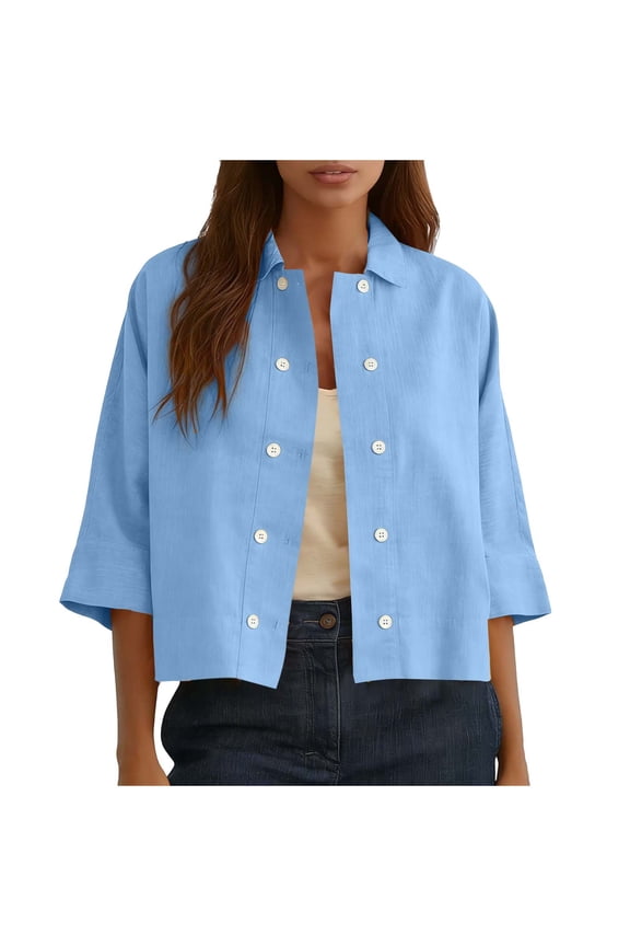 Womens Linen Shirt Long Sleeve Cropped Shacket Jacket Button Down Spring Blouses Tops Light Blue S