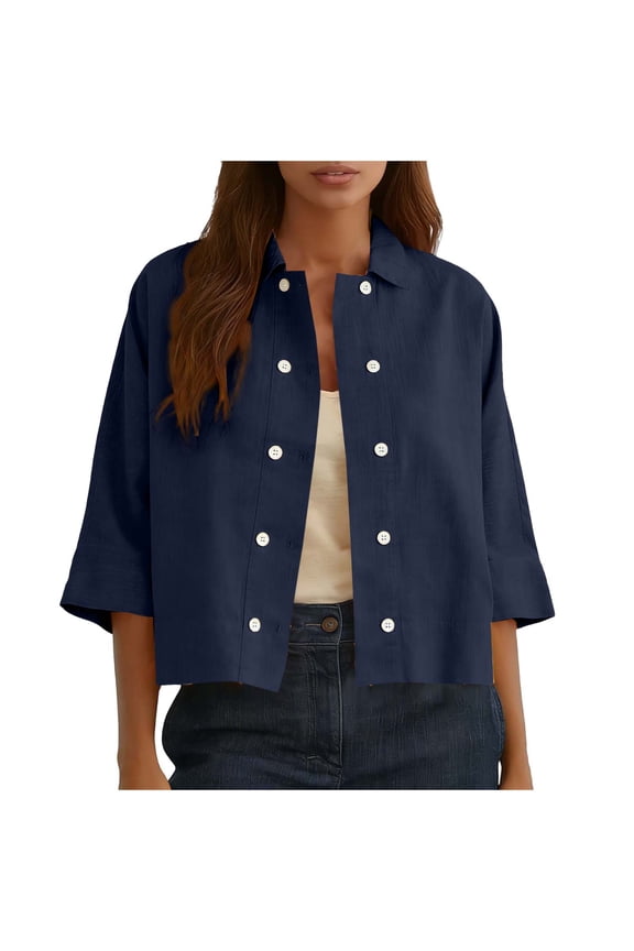 Womens Linen Shirt Long Sleeve Cropped Shacket Jacket Button Down Spring Blouses Tops Navy 2XL