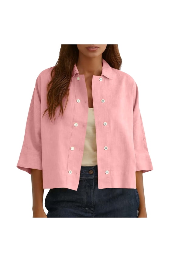 Womens Linen Shirt Long Sleeve Cropped Shacket Jacket Button Down Spring Blouses Tops Pink L