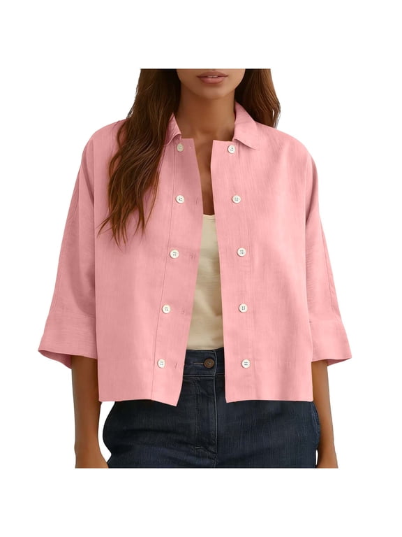 Womens Linen Shirt Long Sleeve Cropped Shacket Jacket Button Down Spring Blouses Tops Pink S
