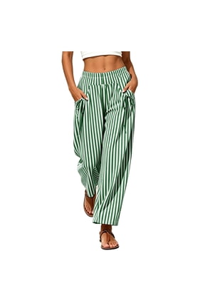 Womens Linen Wide Leg Striped Pants Casual Barrel Loose Drawstring Low Waist Palazzo Harem Pants with Pockets Army Green,XL