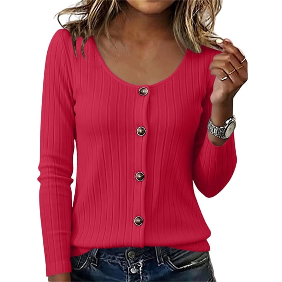 Hurxie Womens Long Sleeve Henley T Shirts Button Down Slim Fit Tops Scoop Neck Ribbed Knit Shirts Red,M