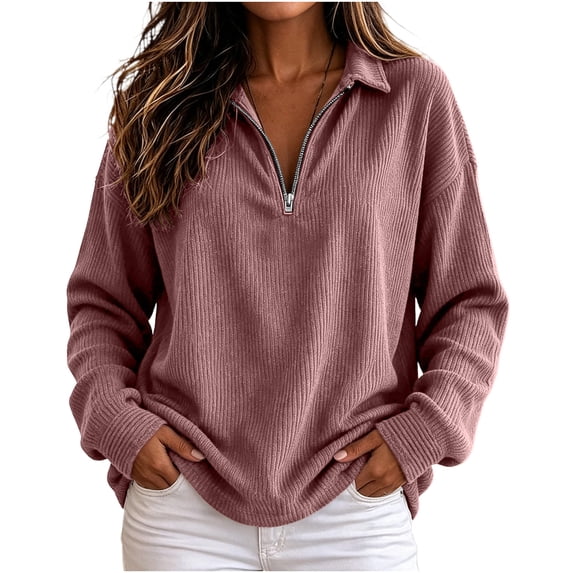 Hurxie Womens Long Sleeve Quarter Zip Pullover Sweater Casual Loose V Neck Sweaters , Collared Ribbed Knit Jumper Tops, Oversized Tunic Tops Pink,M