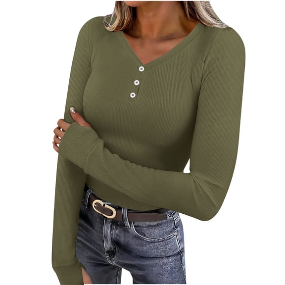 Hurxie Womens Long Sleeve Shirts V Neck Ribbed Slim Fit Basic Tops Thermal Undershirts Casual Tee Army Green M