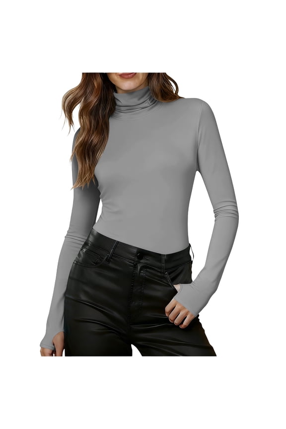 Womens Long Sleeve Tops Mock Turtleneck Basic T Shirt Fall Stretch Tight Fitted Shirts Gray L