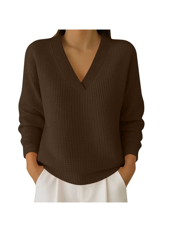 Womens Long Sleeve Tshirt V Neck Loose Fit Soft Waffle Knit Thermal Tops Brown L