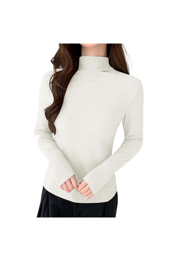 Womens Long Sleeve Turtle Neck Basic Slim Fitted Ribbed Knit Tops Thermal Shirts Beige M