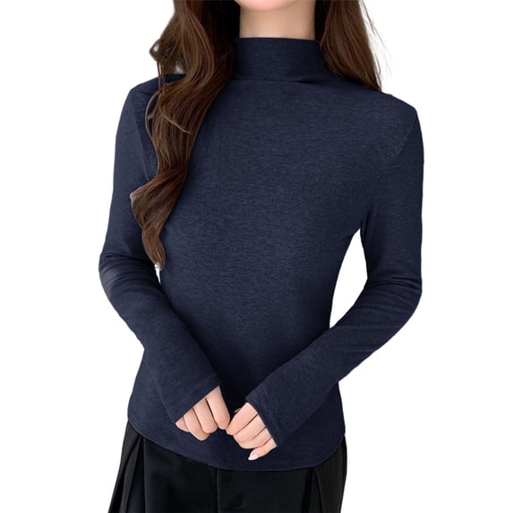 Hurxie Womens Long Sleeve Turtle Neck Basic Slim Fitted Ribbed Knit Tops Thermal Shirts Navy M