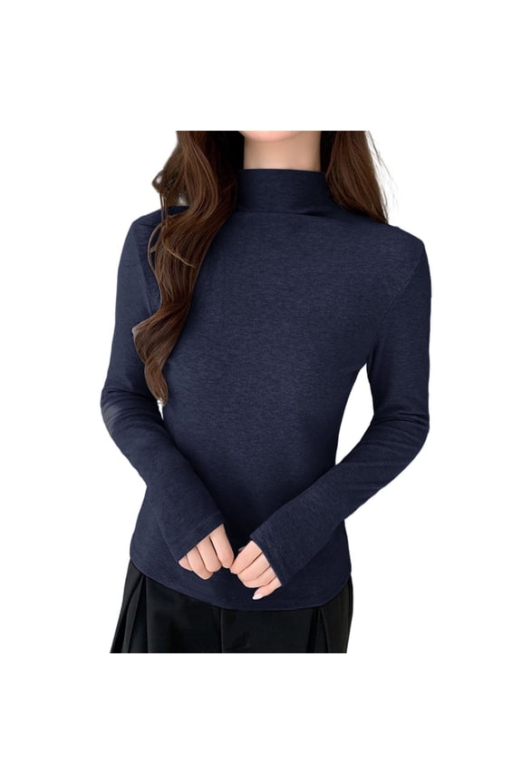 Womens Long Sleeve Turtle Neck Basic Slim Fitted Ribbed Knit Tops Thermal Shirts Navy XL